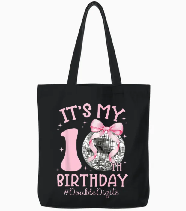 It's My 10th Birthday Girl Double Digits Bow Disco Ball Tote Bags in Black
