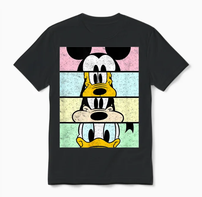 Disney Mickey and Friends Group Comic Panels Distressed Unisex T-Shirt in Black