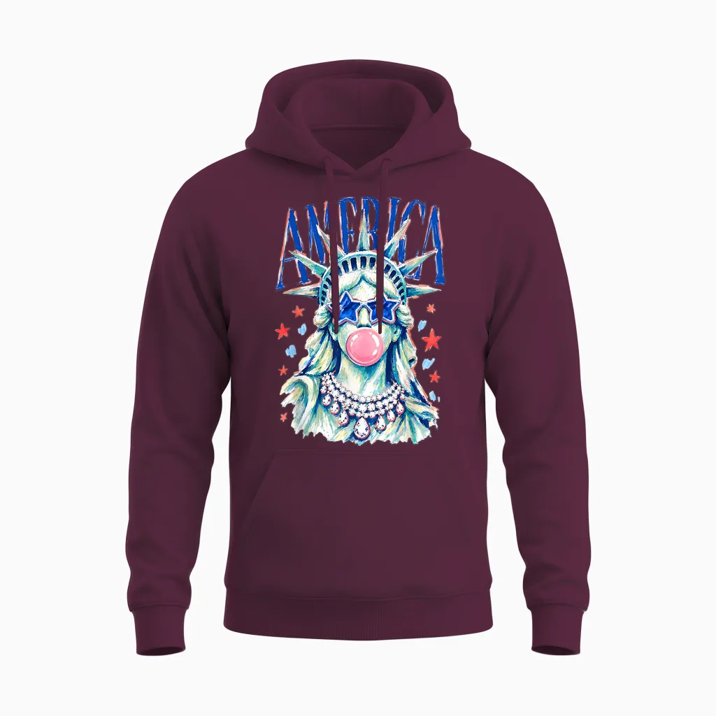 Brushstroke Statue of Liberty Blowing Bubble Gum 4th of July Unisex Hoodie in Maroon