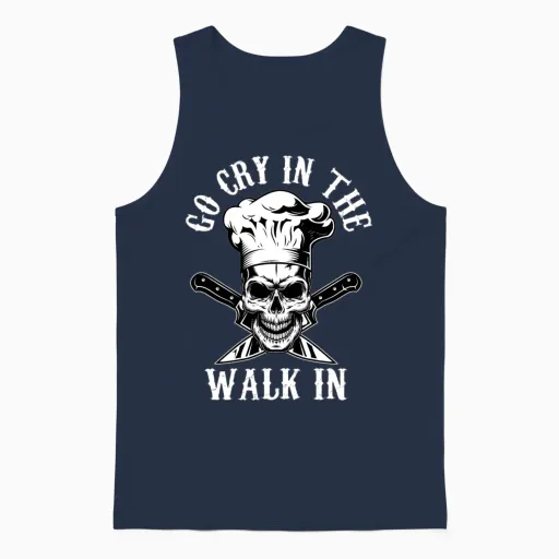 Go Cry in the Walk in Skull Chef Cook Funny Unisex Tank Top in Navy