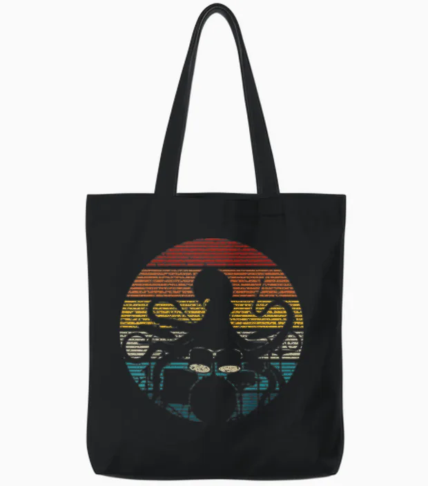Octopus Playing Drums Drummer Musician Drumming Band T-Shirt, Black, S Tote Bags in Black