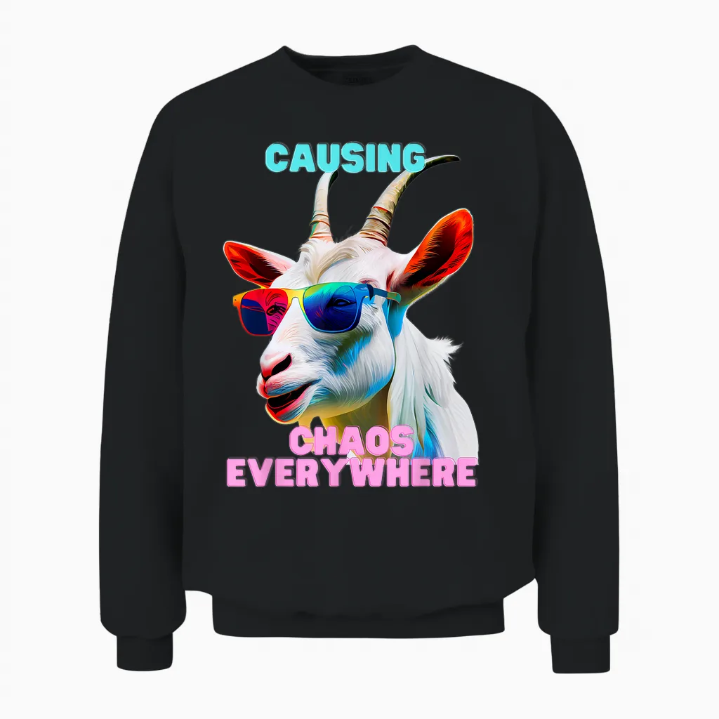 Causing Chaos Everywhere, Exciting, Funny Crazy Goat Unisex Sweatshirt in Black