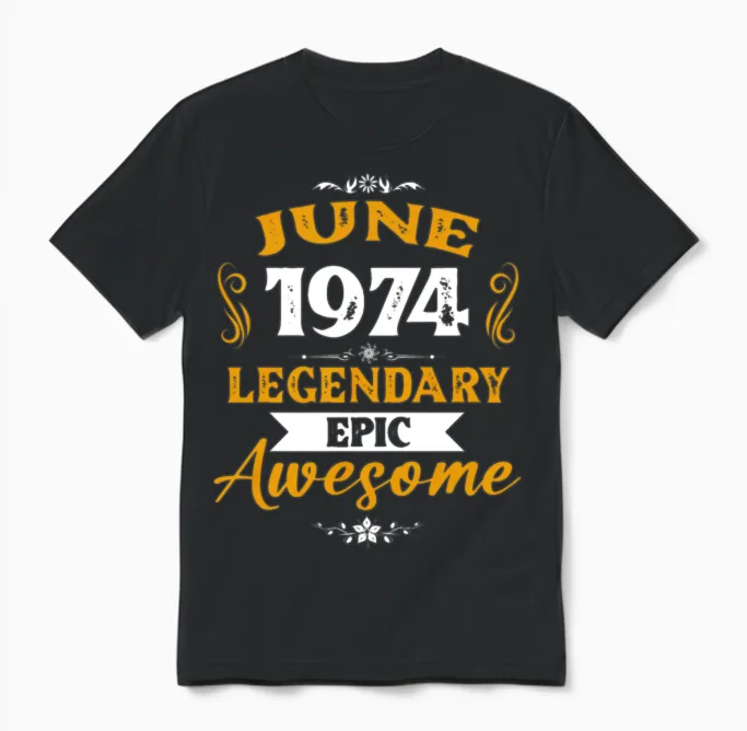 June 1974 Legendary Birthday Present Unisex T-Shirt in Black