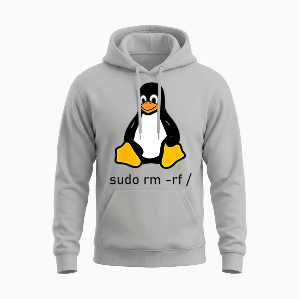 Tux Linux Penguin - Sudo Rm -Rf / Computer Science T-Shirt, Gray Unisex Hoodie in Ash