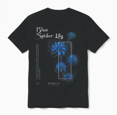 Japanese Blue Spider Lily in Anime Soft Grunge Aesthetic T-Shirt, Black Unisex T-Shirt - Black