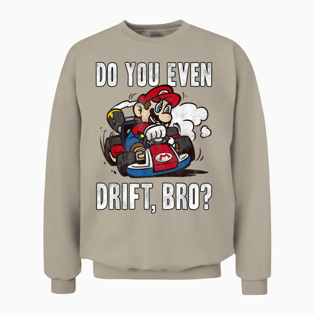 Nintendo Mario Kart Do You Even Drift Bro Graphic Unisex Sweatshirt in Sand