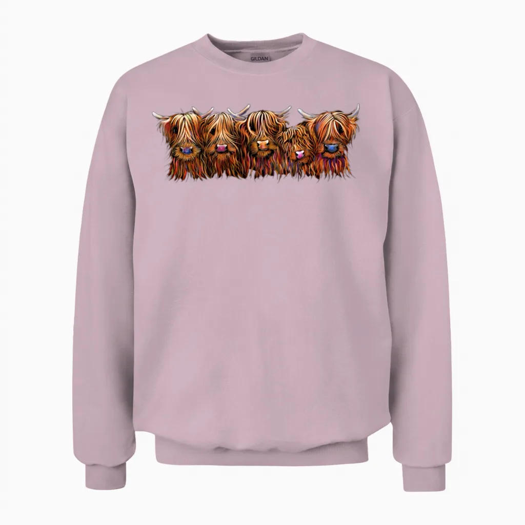 Scottish Highland Cows the Hairy Bunch of Coos Unisex Sweatshirt in Light Pink