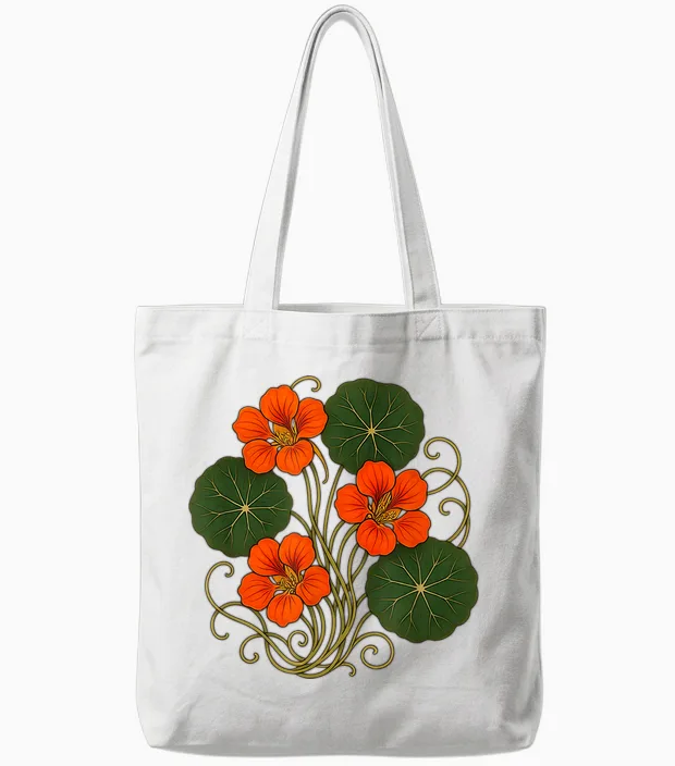 Nasturtium Flower Garden Plant Lovers Floral Art Nouveau Tote Bags in White
