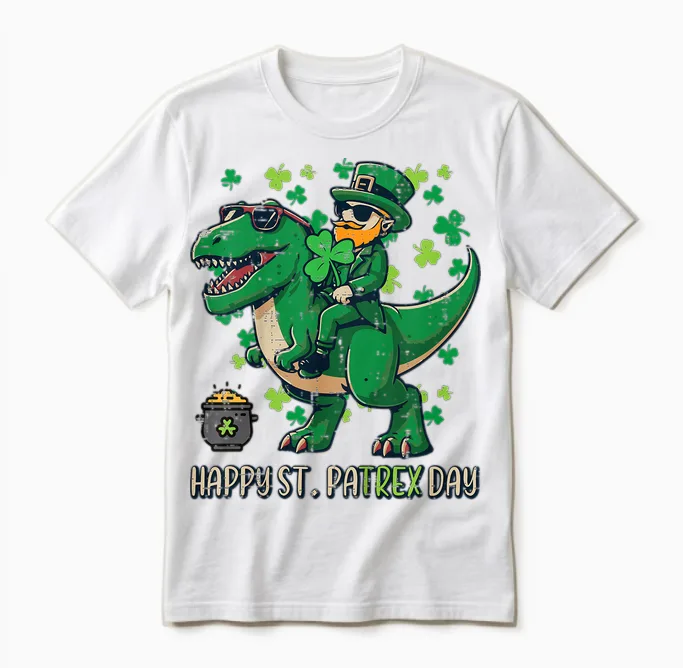 Kids Happy St Patricks Pa Trex Day Saint Paddys Dino Boys Unisex T-Shirt in White