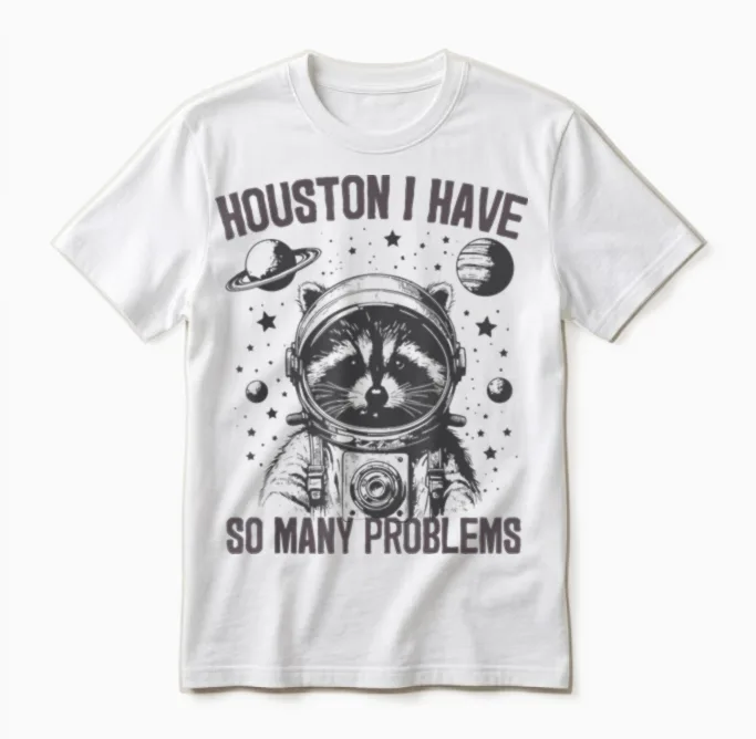 Housten I Have So Many Problems Raccoon Astronaut Funny T-Shirt, Gray Unisex T-Shirt in White