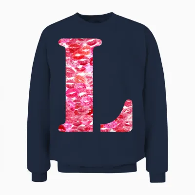 Back Print Only - Lipstick Kisses for Boyfriend Letter L T-Shirt, Black, S Unisex Sweatshirt - Navy