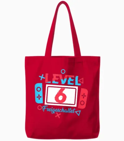 Children's Level 6 Birthday Shirt Boy 6 Years Old Video Games T-Shirt, Black Tote Bags - Red