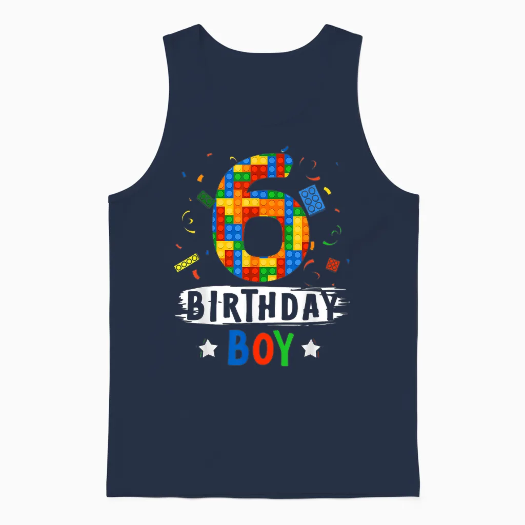 Birthday Boy Building Blocks 6 Years Old Unisex Tank Top in Navy