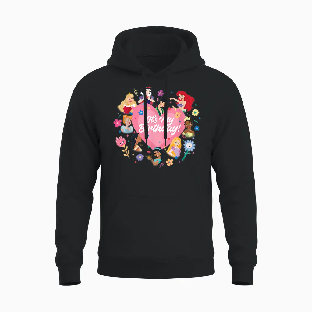 Disney Princess Pink Heart and Flowers It's My Birthday T-Shirt, Black, S Unisex Hoodie in Black