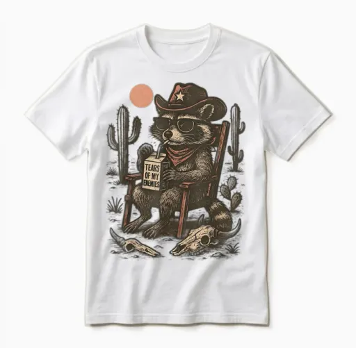 Country Cowboy Raccoon Rodeo Cowgirl Funny Western Texas Unisex T-Shirt in White