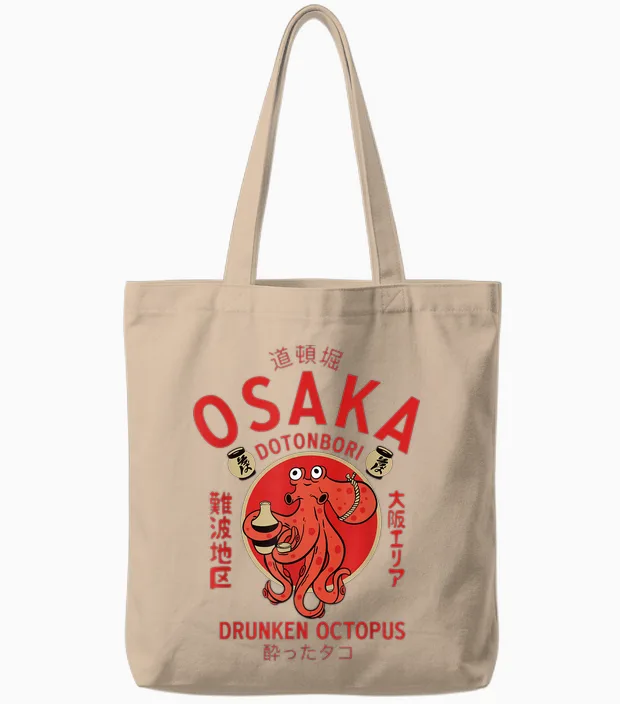 Osaka Japan Dotonbori Drunk Octopus T-Shirt, Black, S Tote Bags in Natural