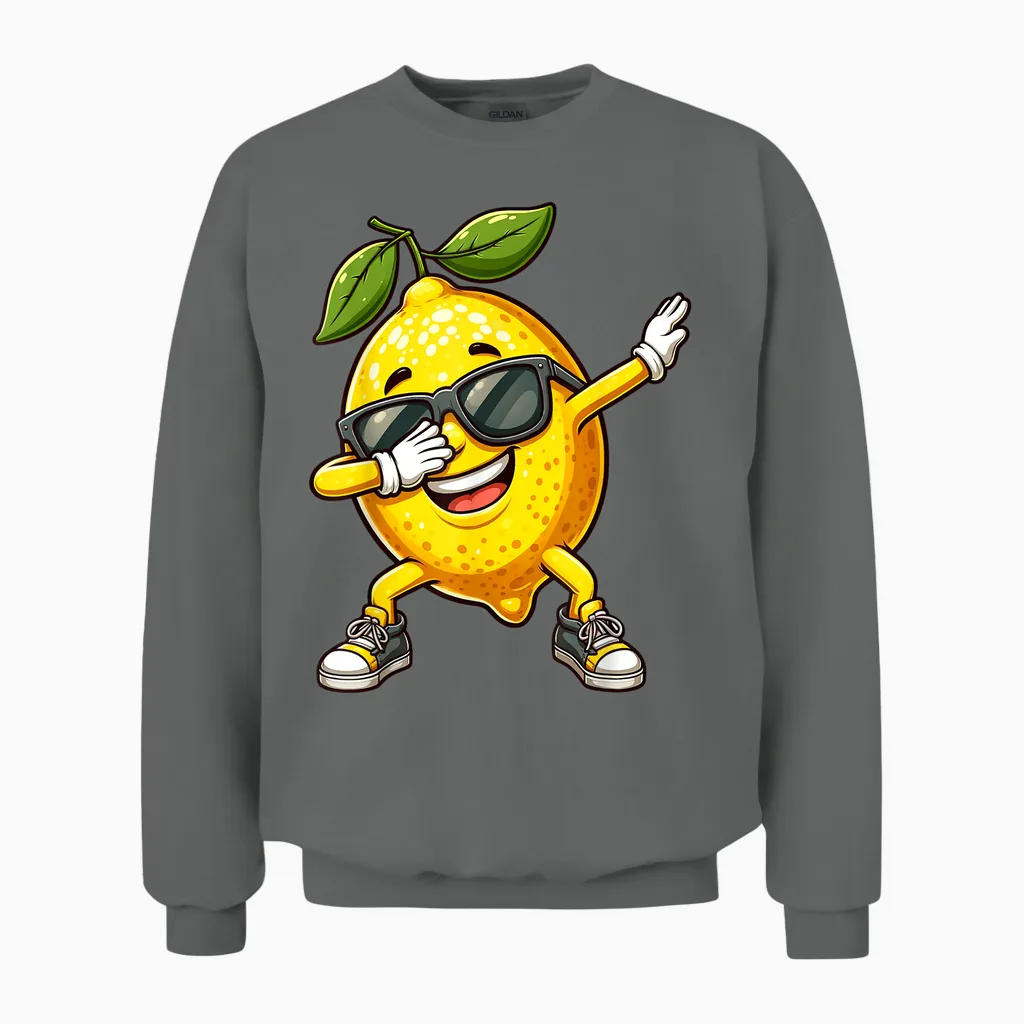 Dabbing Yellow Lemon Funny Lemon with Lemon Motif T-Shirt, Black Unisex Sweatshirt in Graphite Heather