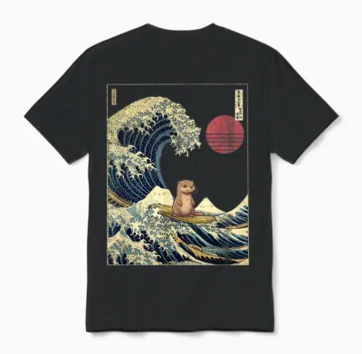 Kanagawa Otter Wave Funny Surf Animal T-Shirt, Black, S Unisex T-Shirt - Black