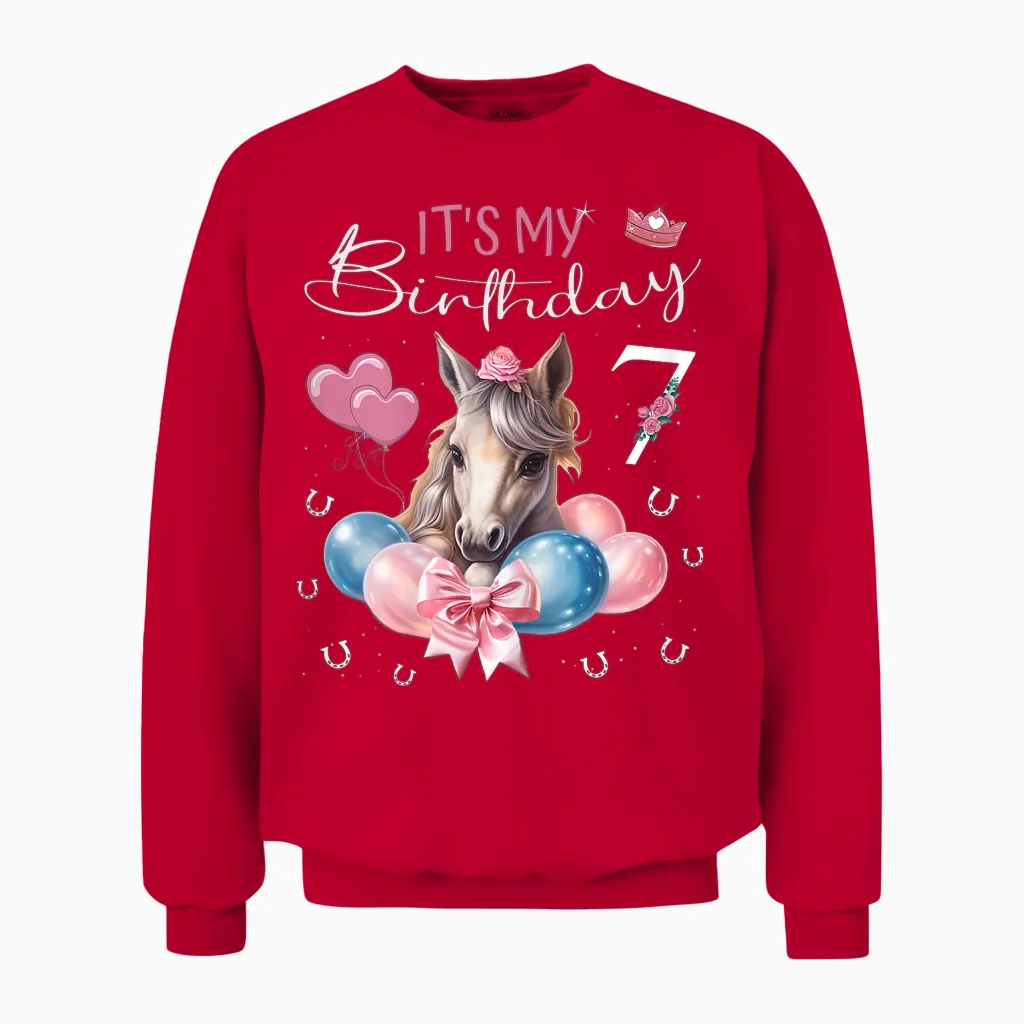 Birthday Shirt Horse Girl 7 Years - It's My Birthday T-Shirt, Black Unisex Sweatshirt in Red