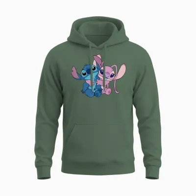 Disney Stitch & Angel Hug Valentine's Day Couples 2-Sided Unisex Hoodie - Military Green