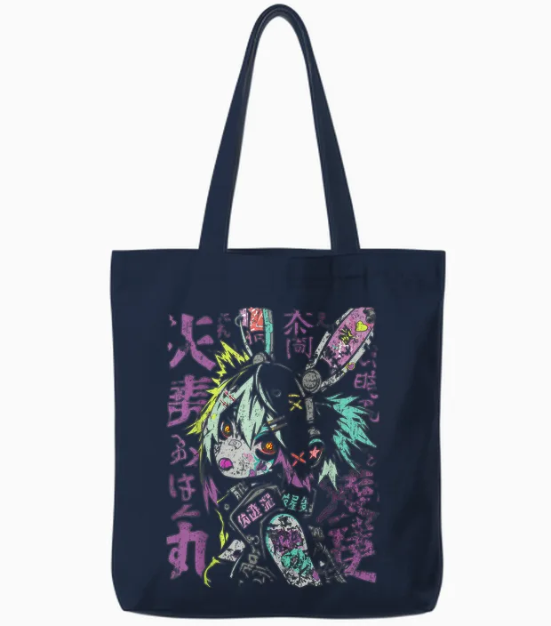 Harajuku Streetwear Cyberpunk Aesthetic Techwear Manga Anime T-Shirt, Black Tote Bags in Navy