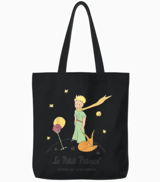 Le Petit Prince Stars Fox Pink Planet Tote Bags in Black