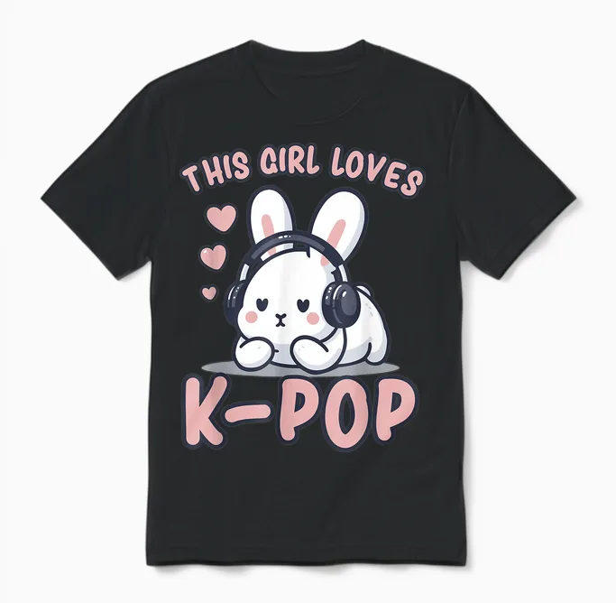K-Pop | This Girl Loves K-Pop | Rabbit K-Pop for Girls T-Shirt, Black Unisex T-Shirt in Black