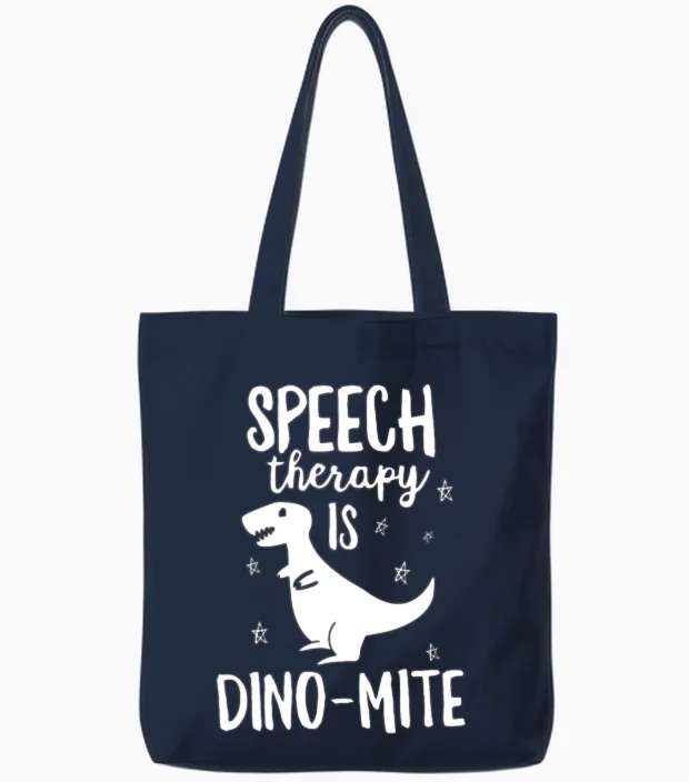 This Slp Is Dinomite Funny Speech Therapy Tote Bags in Navy