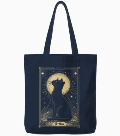 Gothic Tarot Card the Moon Cat Crescent Mystical Art T-Shirt, Black, S Tote Bags - Navy