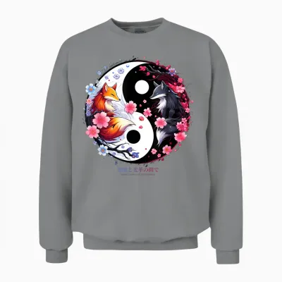 Kitsune Sakura Flower Blossom in Ying Yang Sakura Aesthetic T-Shirt, Black Unisex Sweatshirt - Sport Grey