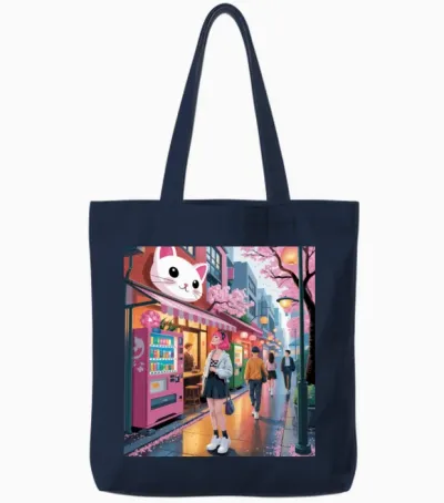 Tokyo Sakura Stroll – Cute Girl Under Cherry Bloss Tote Bags - Navy