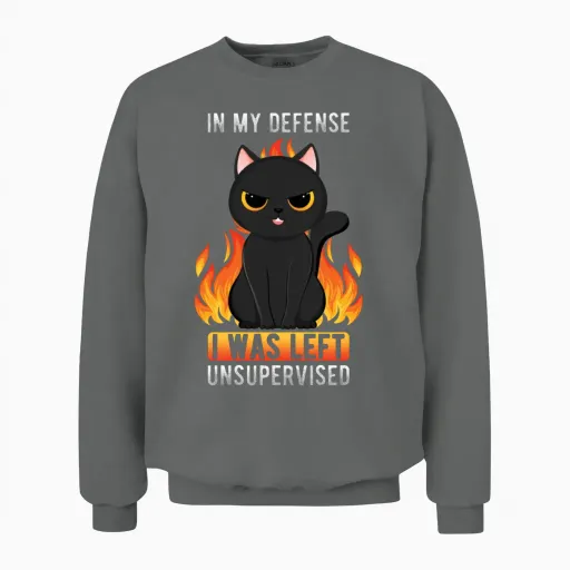 In My Defense I Was Left Unsupervised Black Cat Unisex Sweatshirt in Graphite Heather