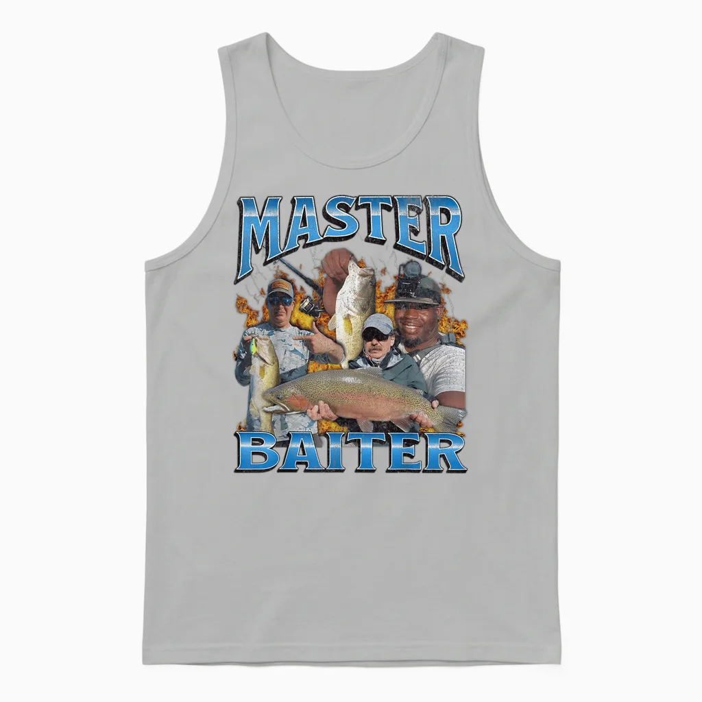 Master Baiter Funny Fishing Meme Pun Bootleg Graphic 90s T-Shirt, Black Unisex Tank Top in Ash
