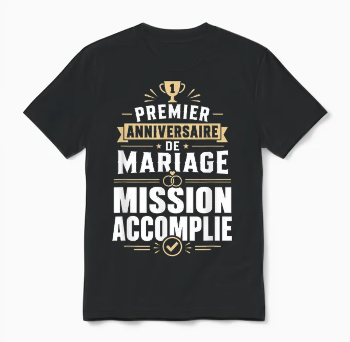 Noces De Coton Anniversaire 1 an Mariage Mission Accomplie Unisex T-Shirt in Black