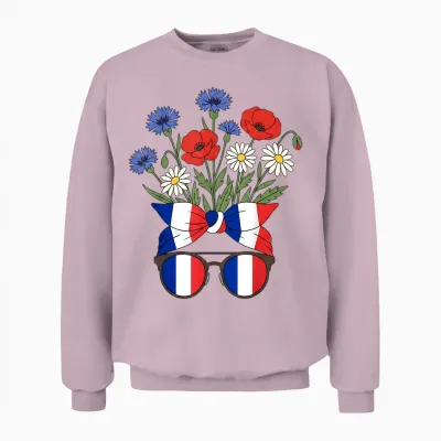 France Fête Nationale Femme Patriote Fleurs Lunettes Unisex Sweatshirt - Light Pink