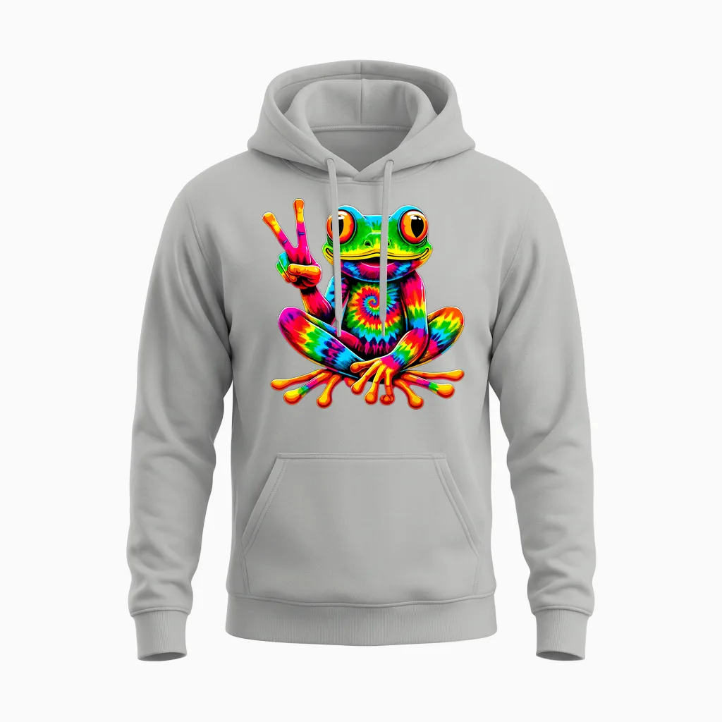 Tie-Dye Frog Peace Sign Hippie Unisex Hoodie in Ash