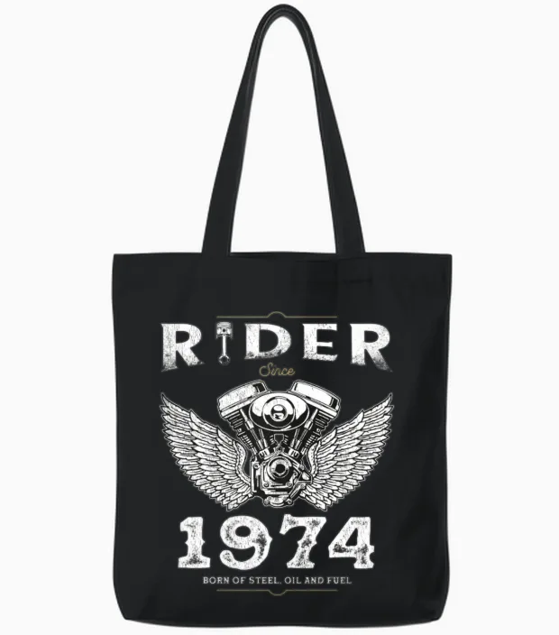 Rider Since 1974 - 51 Years, Fueled by Freedom Tote Bags in Black