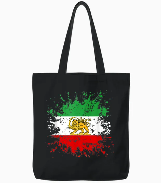 Iran Lion Sun Flag Iran Persian Flag of Iran T-Shirt, Black Tote Bags in Black