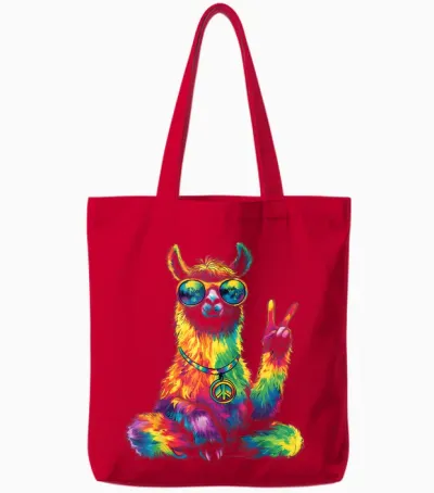 Hippie Peace Lama 70s Theme Party Costume T-Shirt, Black, S Tote Bags - Red