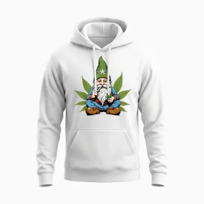 Hippie Gnome Smoking Weed Pot Leaf 420 Marijuana Cannabis Unisex Hoodie - White