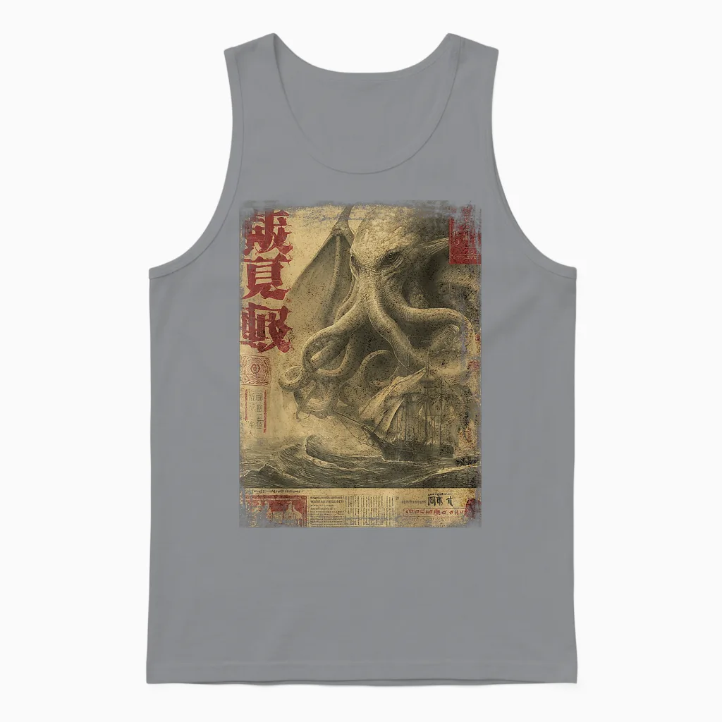 Cthulhu Kraken Vintage Japanese Journal Sea Monster Design Unisex Tank Top in Sport Grey