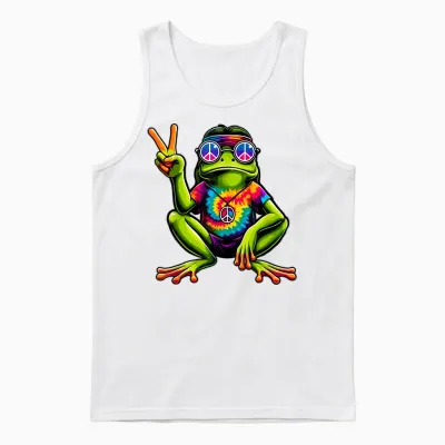 Tie-Dye Hippie Frog, Peace Sign, 60s Party & 70s Costume Unisex Tank Top - White