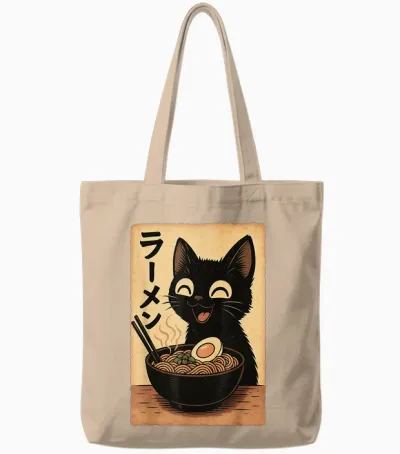 Cat Ramen - Japan Anime T-Shirt, Black, S Tote Bags - Natural