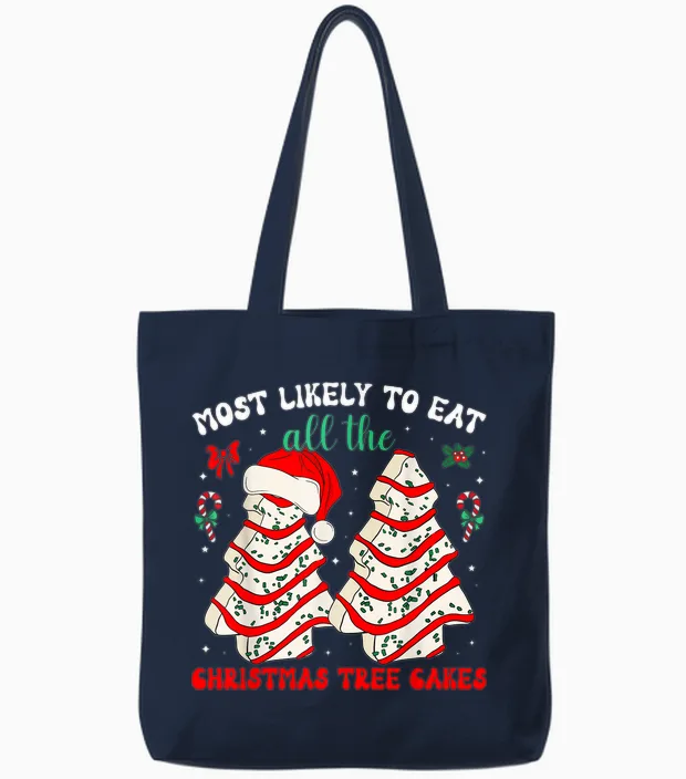 Most Likely to Eat All the Christmas Tree Cakes Debbie Tote Bags in Navy