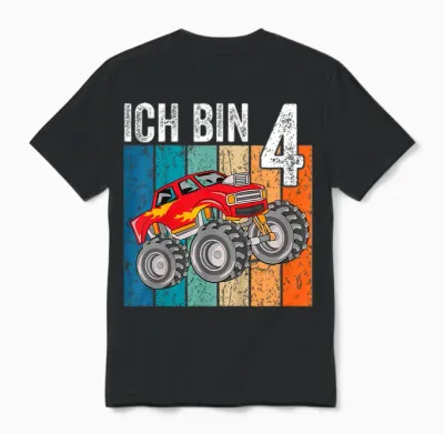 Kinder Monster Truck Geburtstag Deko Kinder 4 Jahre Junge Ich Bin 4 Unisex T-Shirt - Black