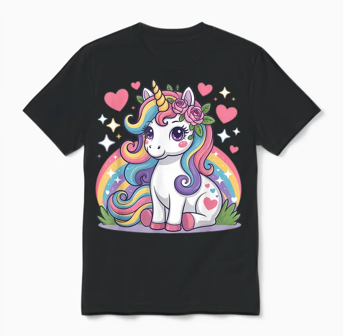 Super Cute Unicorn with Rainbow and Stars Unicorn Unisex T-Shirt in Black