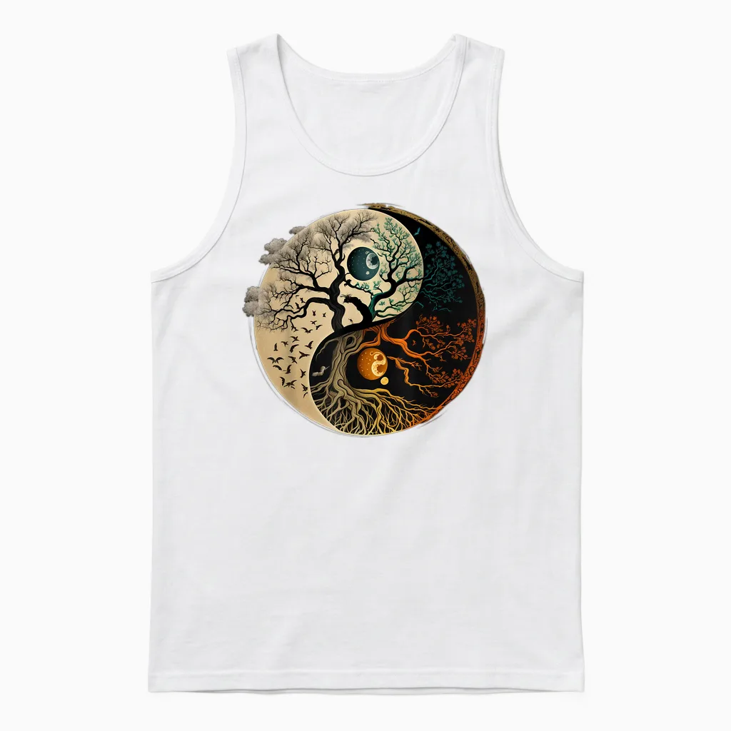 Spiritual Yin Yang Buddhist Tree of Life T-Shirt, Black Unisex Tank Top in White