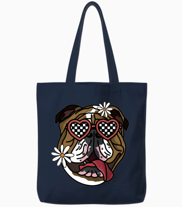 Bulldog Retro Dog - Lovers Tote Bags - Navy