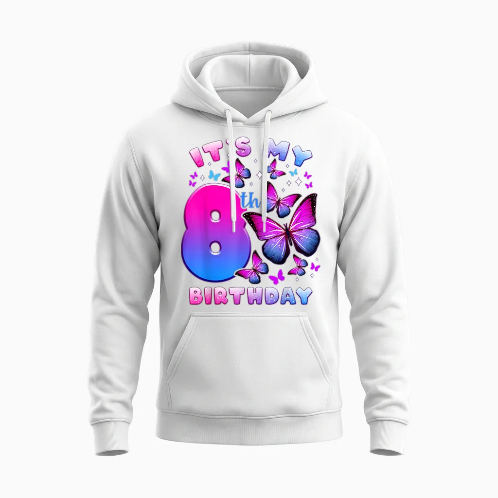 Geburtstag Mädchen 8 Jahre Alt, Schmetterling, Nummer 8 Unisex Hoodie in White