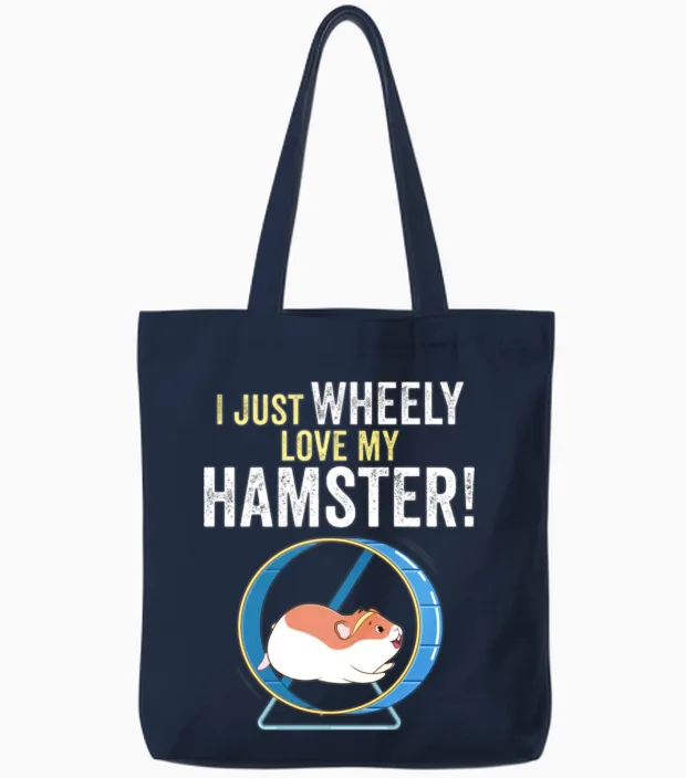 Funny Cute Hamster on Wheel Design with Funny Tote Bags in Navy
